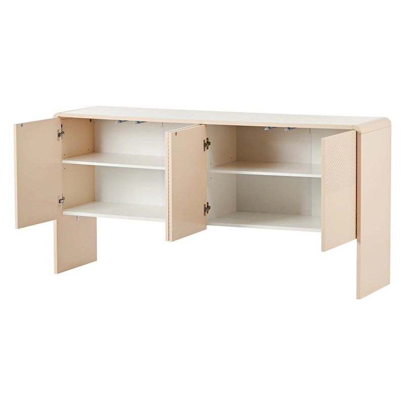 Buffet minimaliste blanc à 4 portes avec étagères réglables et dispositif anti-rebond