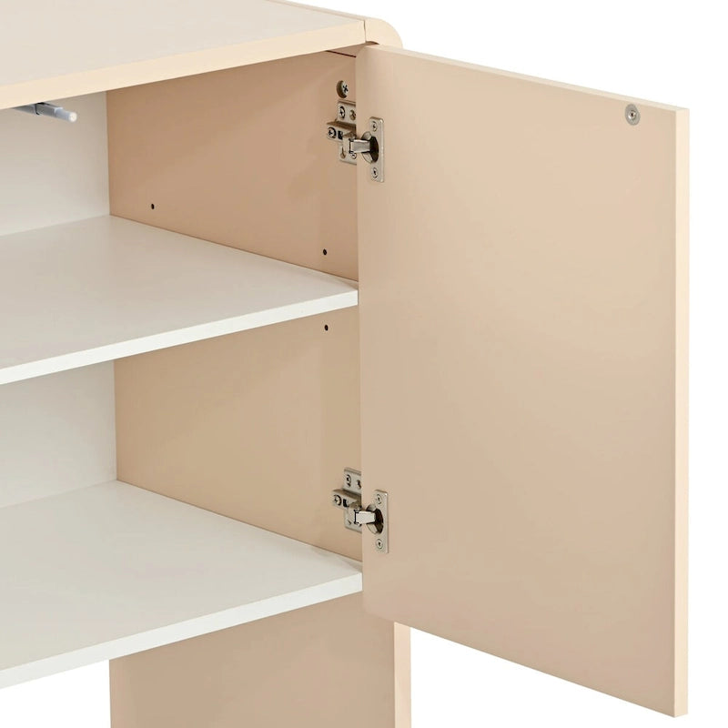 Buffet minimaliste blanc à 4 portes avec étagères réglables et dispositif anti-rebond