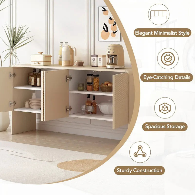 Buffet minimaliste blanc à 4 portes avec étagères réglables et dispositif anti-rebond