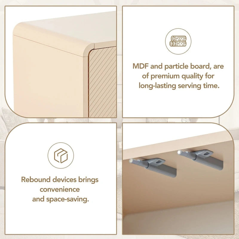 Buffet minimaliste blanc à 4 portes avec étagères réglables et dispositif anti-rebond