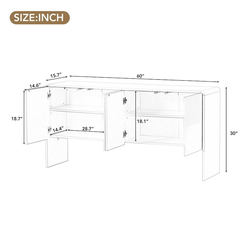 Buffet minimaliste blanc à 4 portes avec étagères réglables et dispositif anti-rebond