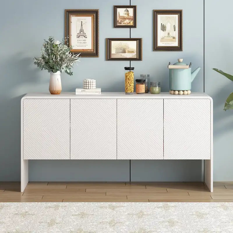 Buffet minimaliste blanc à 4 portes avec étagères réglables et dispositif anti-rebond