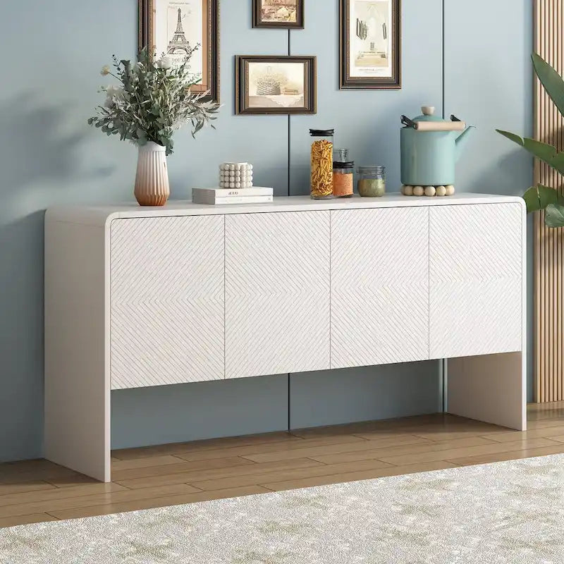 Buffet minimaliste blanc à 4 portes avec étagères réglables et dispositif anti-rebond
