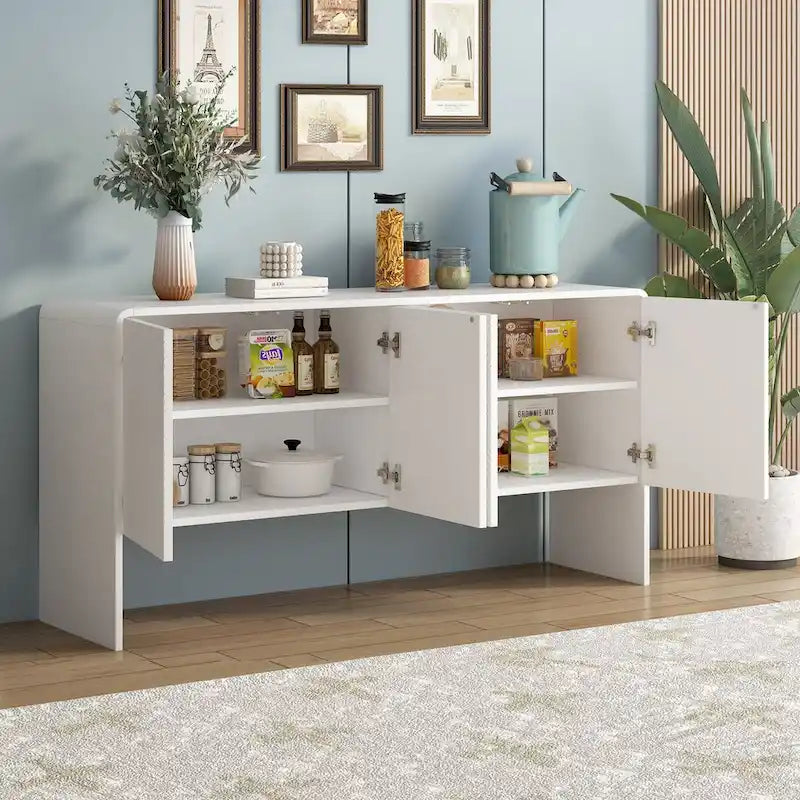 Buffet minimaliste blanc à 4 portes avec étagères réglables et dispositif anti-rebond