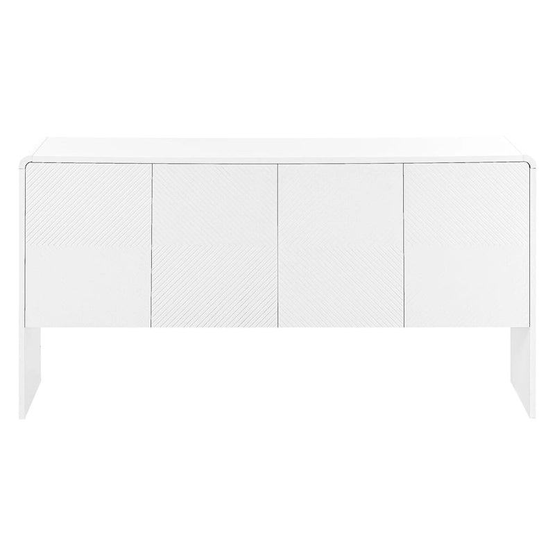 Buffet minimaliste blanc à 4 portes avec étagères réglables et dispositif anti-rebond