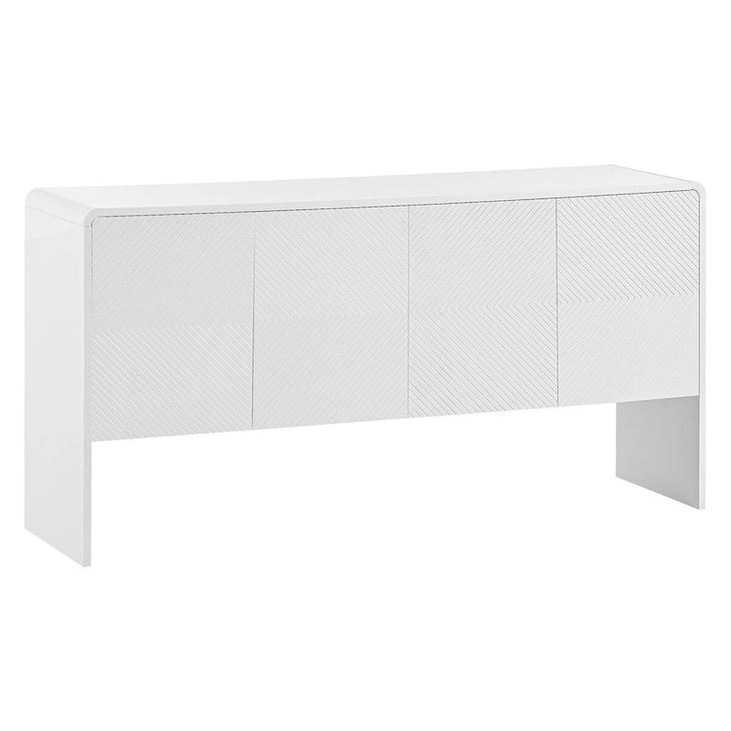 Buffet minimaliste blanc à 4 portes avec étagères réglables et dispositif anti-rebond