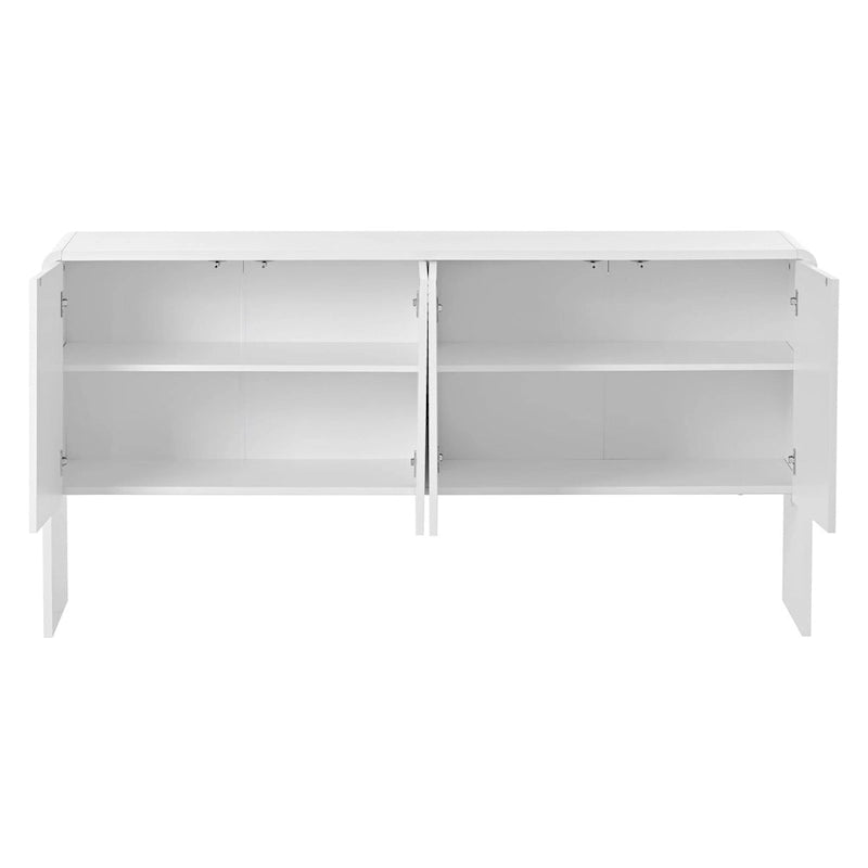 Buffet minimaliste blanc à 4 portes avec étagères réglables et dispositif anti-rebond