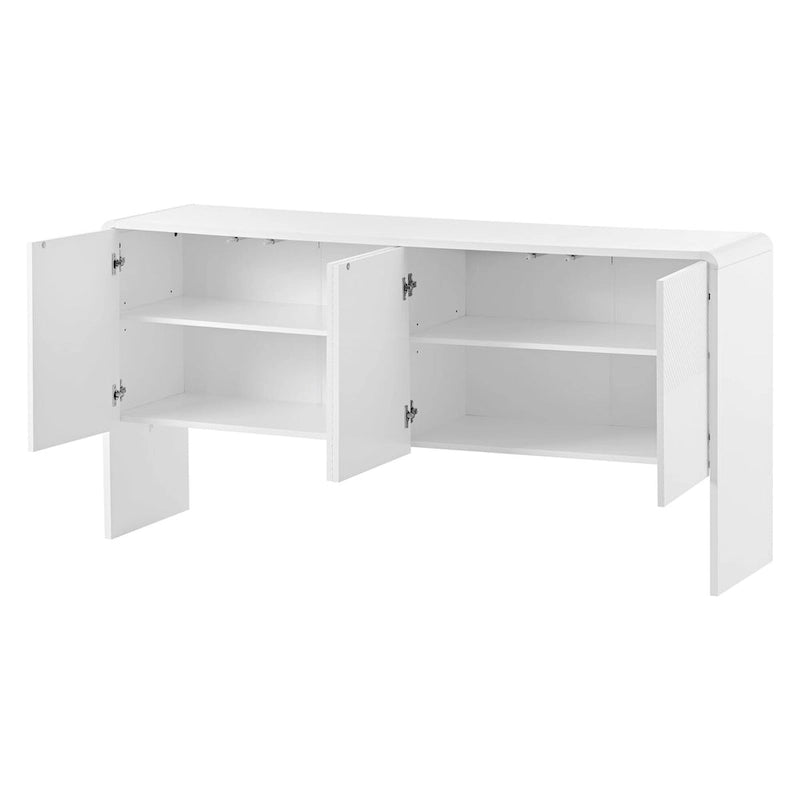 Buffet minimaliste blanc à 4 portes avec étagères réglables et dispositif anti-rebond