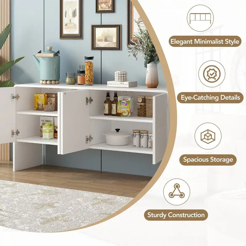 Buffet minimaliste blanc à 4 portes avec étagères réglables et dispositif anti-rebond