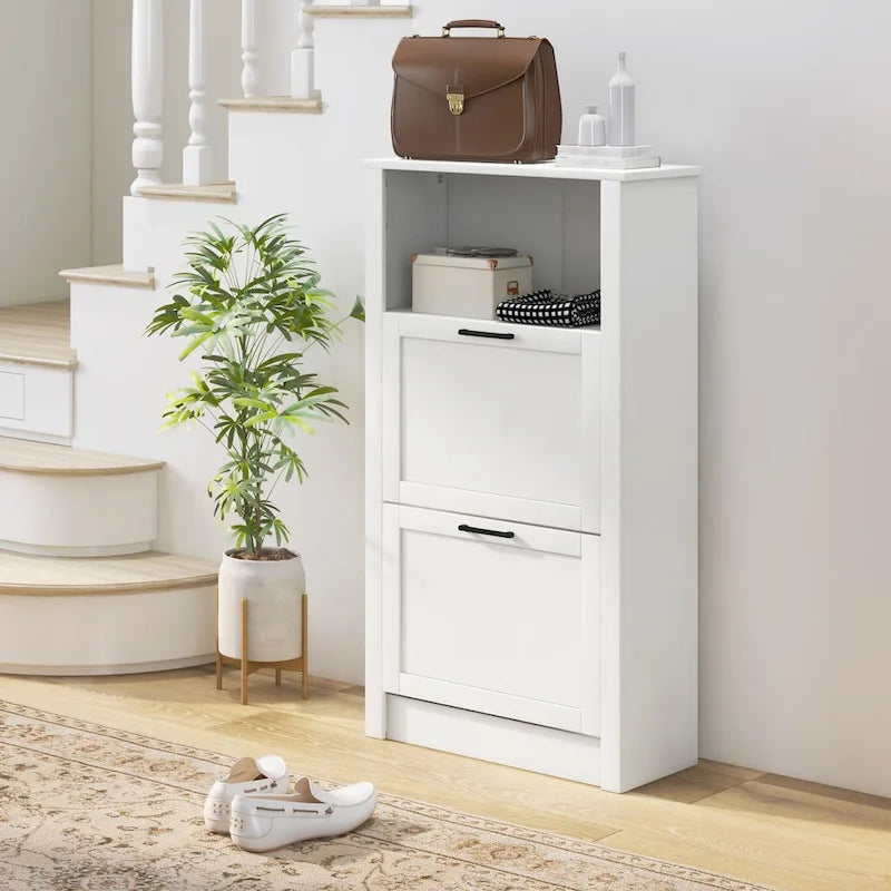 Meuble à chaussures blanc étroit avec étagère ouverte et deux tiroirs basculants