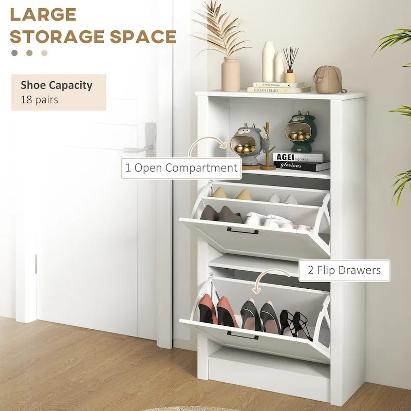 Meuble à chaussures blanc étroit avec étagère ouverte et deux tiroirs basculants