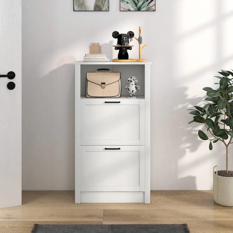 Meuble à chaussures blanc étroit avec étagère ouverte et deux tiroirs basculants