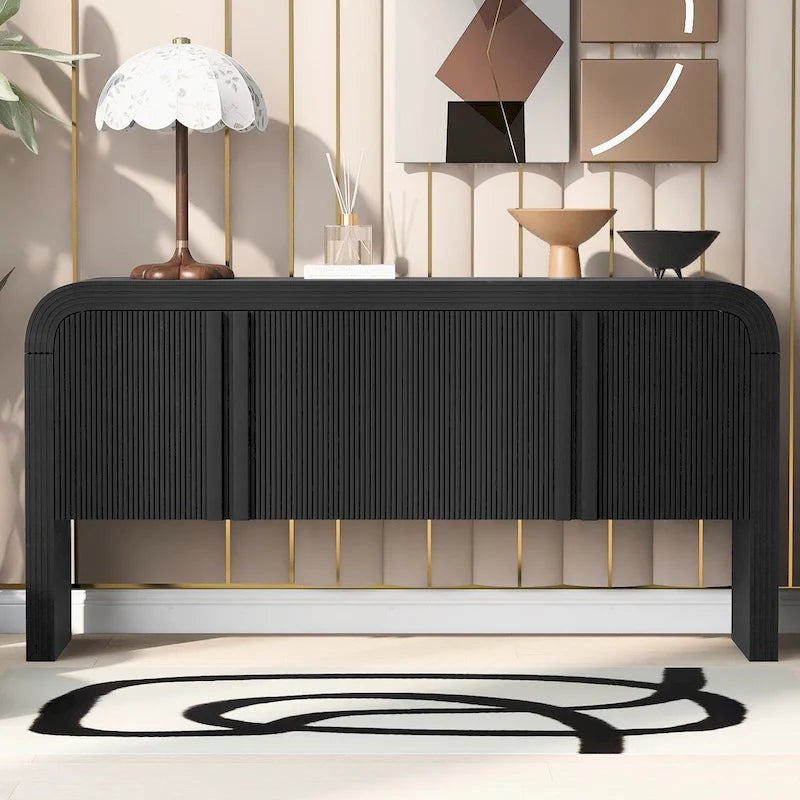 Buffet moderne cannelé avec 4 portes de rangement Noir Bleu Marine Blanc