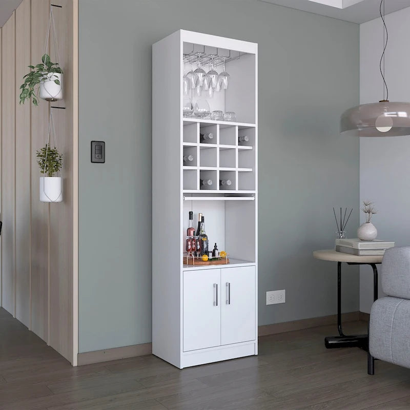 Meuble haut de bar avec casier à vin, porte-verres et rangement double porte Blanc Noir