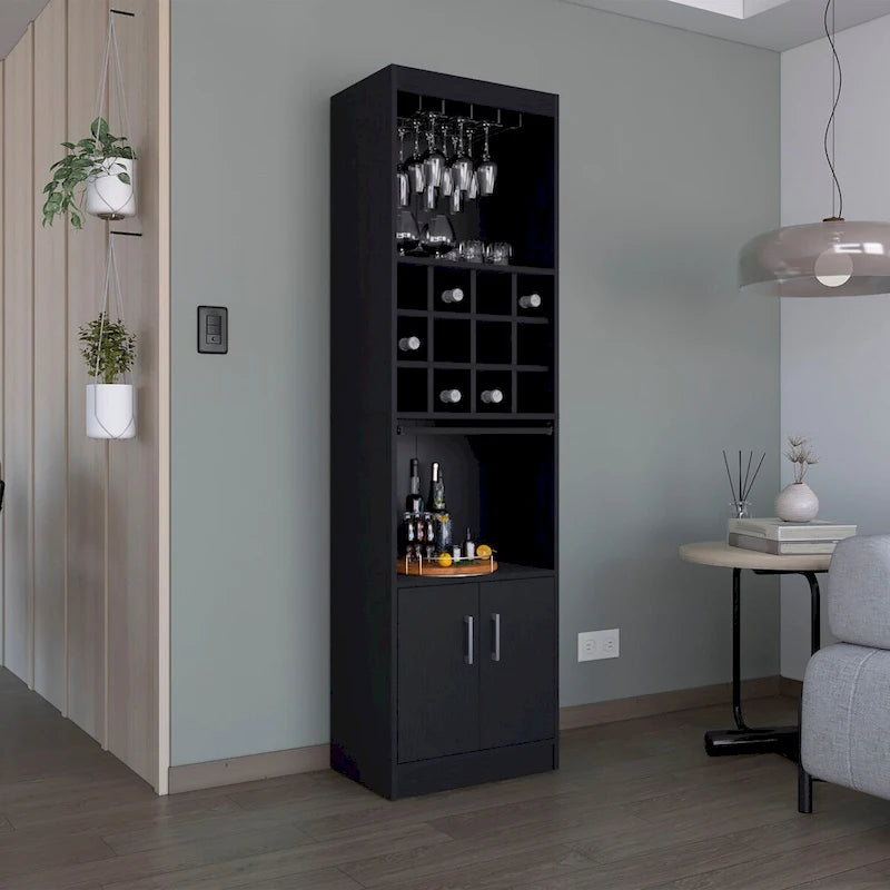 Meuble haut de bar avec casier à vin, porte-verres et rangement double porte Blanc Noir