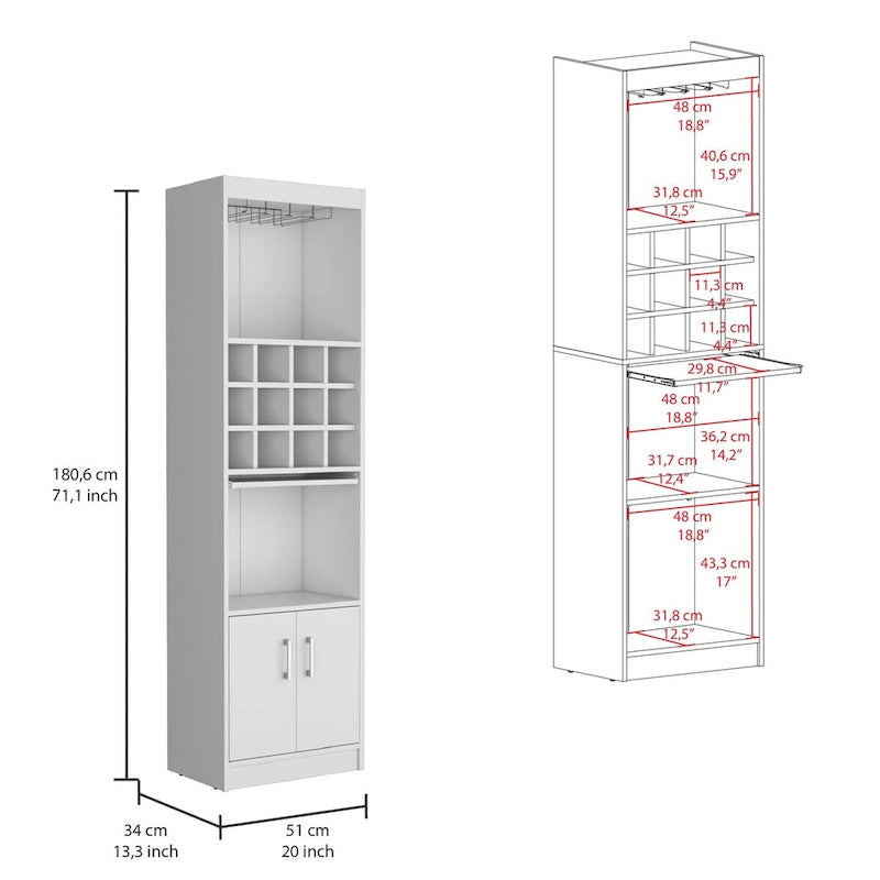 Meuble haut de bar avec casier à vin, porte-verres et rangement double porte Blanc Noir