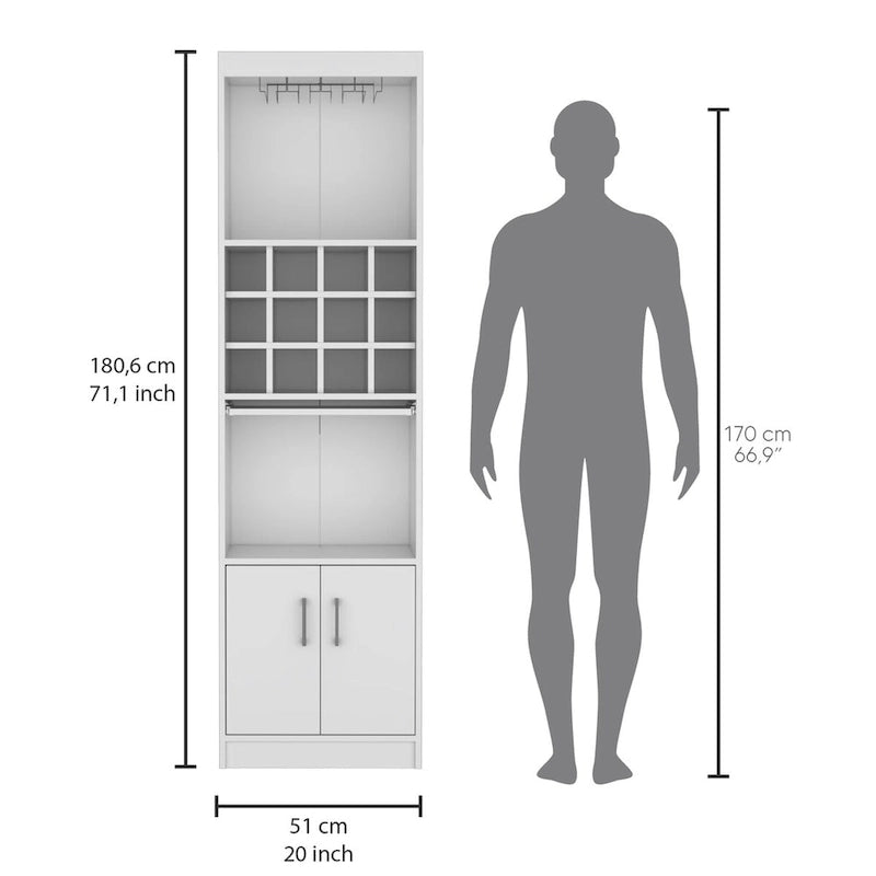 Meuble haut de bar avec casier à vin, porte-verres et rangement double porte Blanc Noir
