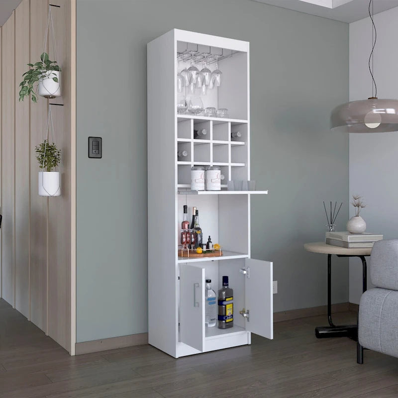 Meuble haut de bar avec casier à vin, porte-verres et rangement double porte Blanc Noir