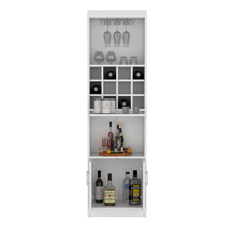 Meuble haut de bar avec casier à vin, porte-verres et rangement double porte Blanc Noir