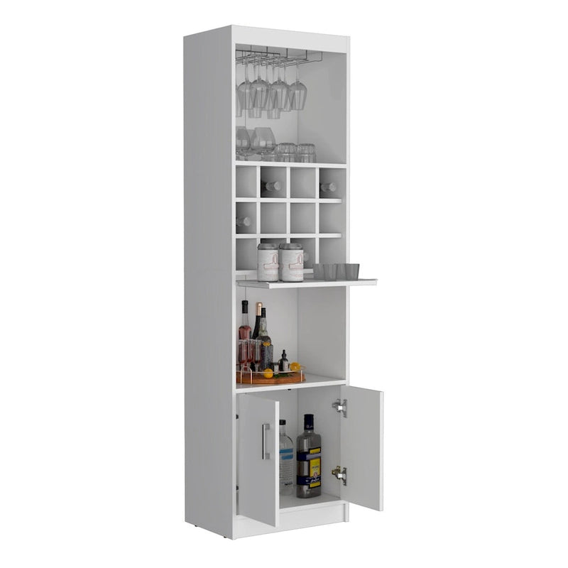 Meuble haut de bar avec casier à vin, porte-verres et rangement double porte Blanc Noir