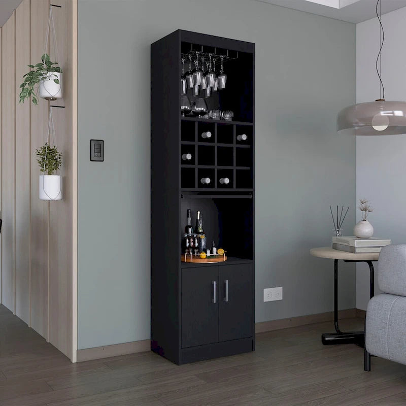 Meuble haut de bar avec casier à vin, porte-verres et rangement double porte Blanc Noir