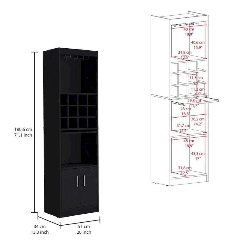Meuble haut de bar avec casier à vin, porte-verres et rangement double porte Blanc Noir