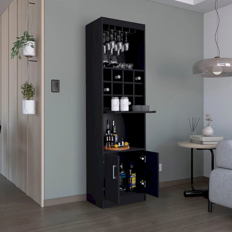 Meuble haut de bar avec casier à vin, porte-verres et rangement double porte Blanc Noir