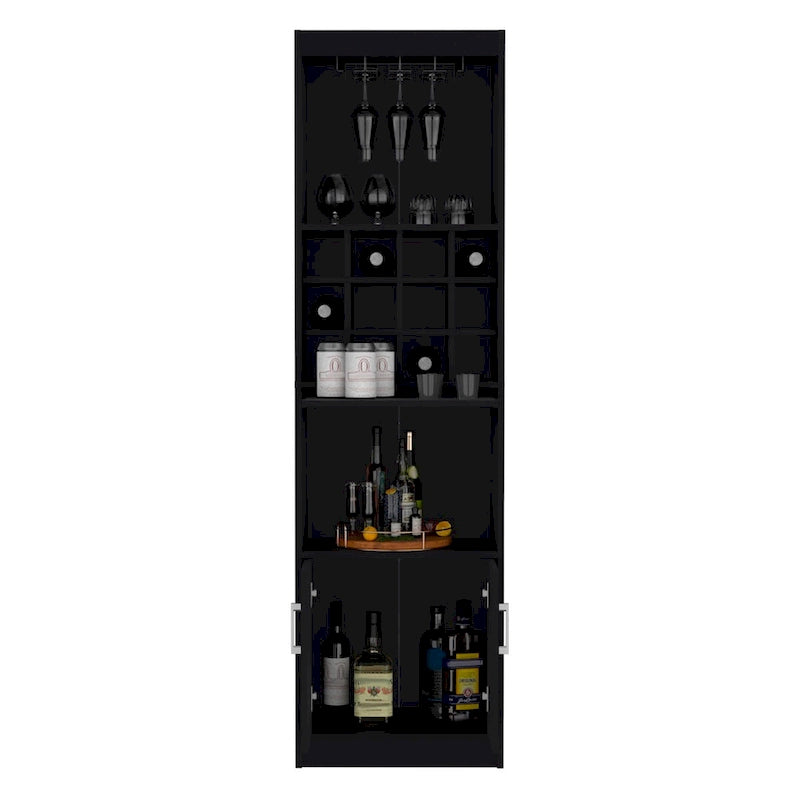 Meuble haut de bar avec casier à vin, porte-verres et rangement double porte Blanc Noir