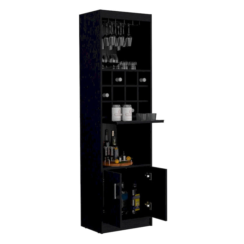 Meuble haut de bar avec casier à vin, porte-verres et rangement double porte Blanc Noir