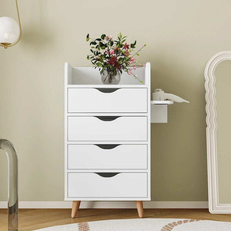Meuble de rangement 4 tiroirs avec étagère ouverte et pieds en bois Blanc Rose