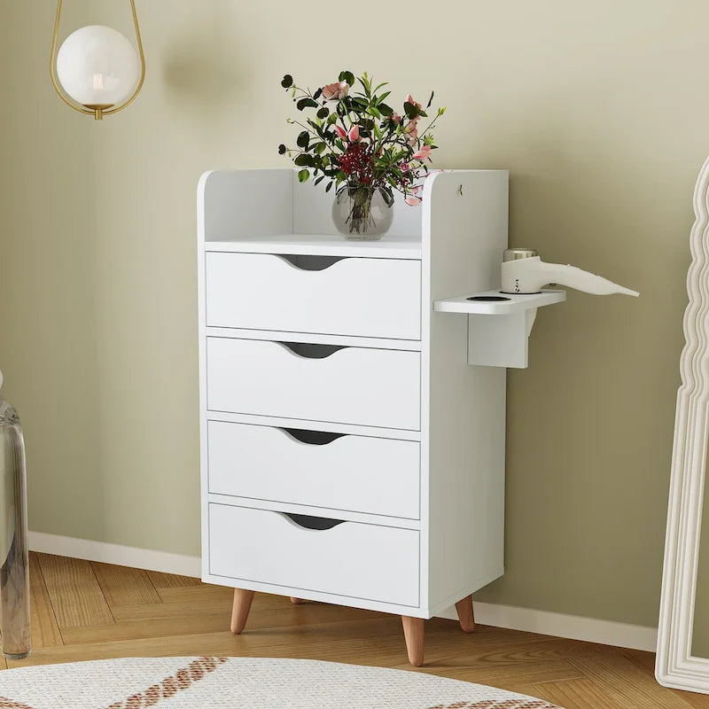 Meuble de rangement 4 tiroirs avec étagère ouverte et pieds en bois Blanc Rose