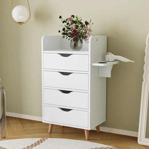 Meuble de rangement 4 tiroirs avec étagère ouverte et pieds en bois Blanc Rose