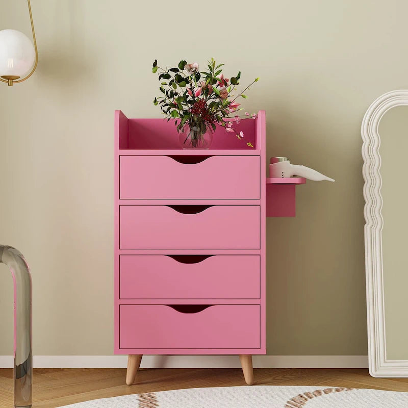 Meuble de rangement 4 tiroirs avec étagère ouverte et pieds en bois Blanc Rose