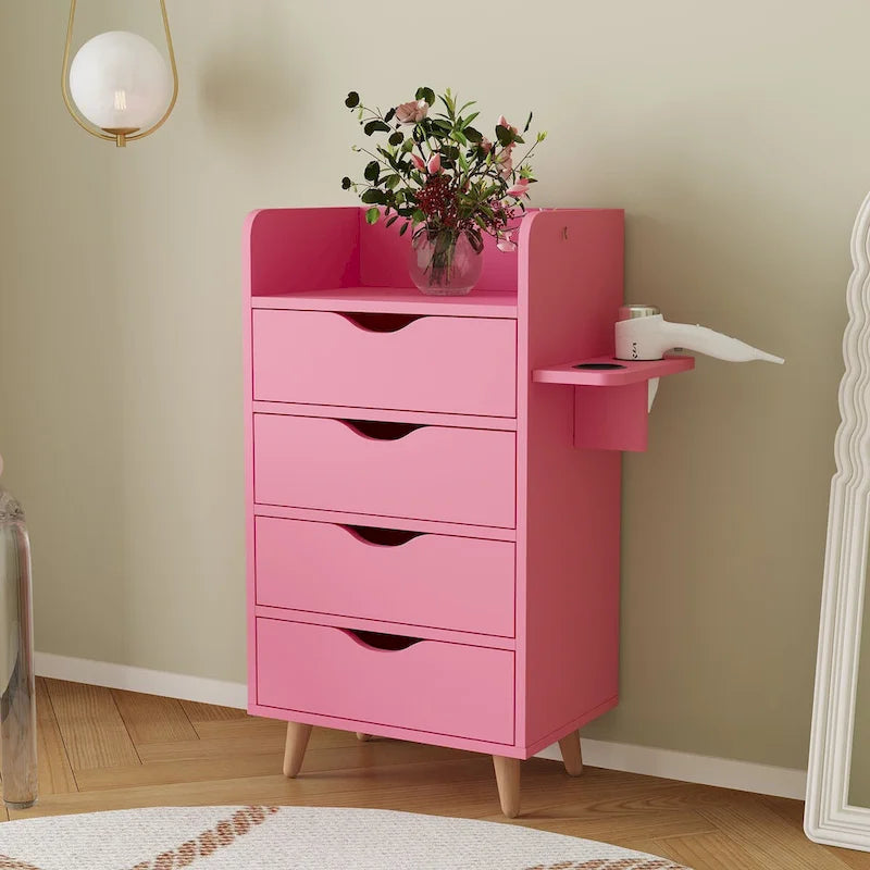 Meuble de rangement 4 tiroirs avec étagère ouverte et pieds en bois Blanc Rose
