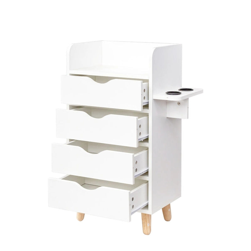 Meuble de rangement 4 tiroirs avec étagère ouverte et pieds en bois Blanc Rose