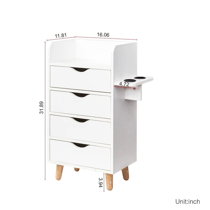 Meuble de rangement 4 tiroirs avec étagère ouverte et pieds en bois Blanc Rose