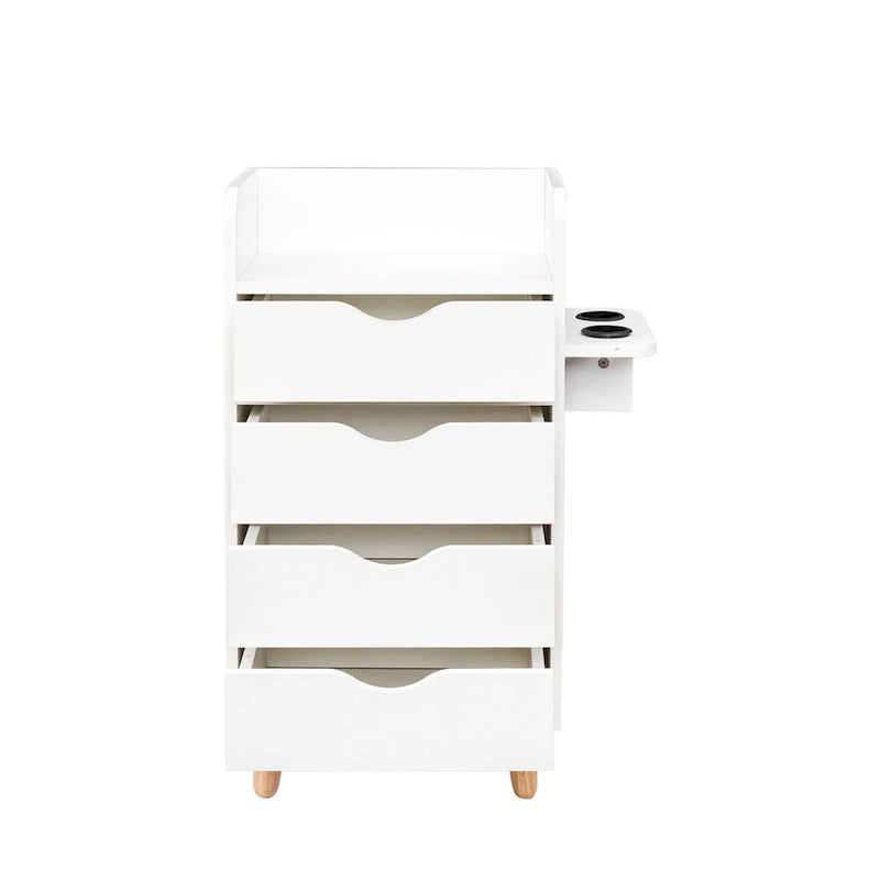 Meuble de rangement 4 tiroirs avec étagère ouverte et pieds en bois Blanc Rose