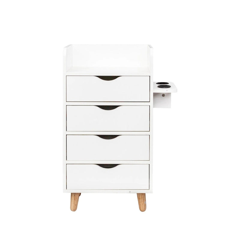 Meuble de rangement 4 tiroirs avec étagère ouverte et pieds en bois Blanc Rose