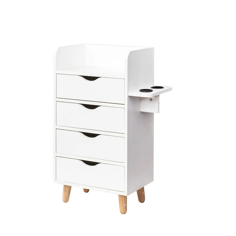 Meuble de rangement 4 tiroirs avec étagère ouverte et pieds en bois Blanc Rose