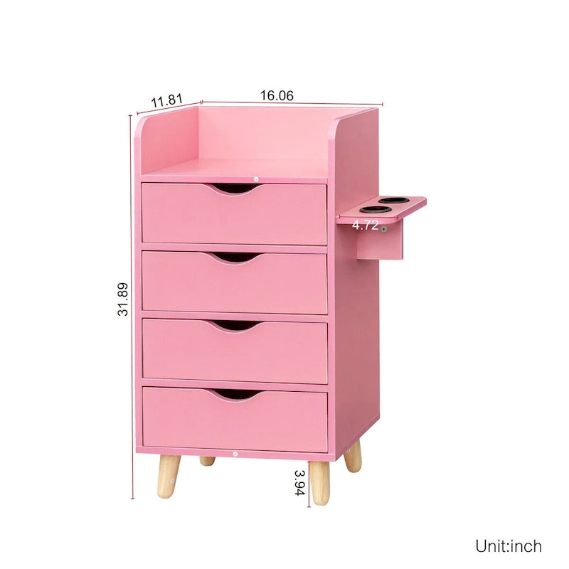 Meuble de rangement 4 tiroirs avec étagère ouverte et pieds en bois Blanc Rose