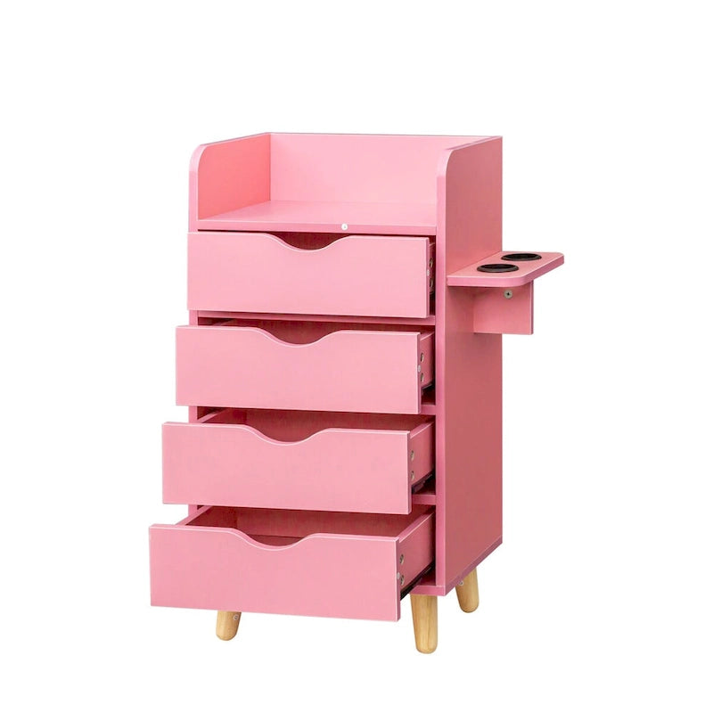 Meuble de rangement 4 tiroirs avec étagère ouverte et pieds en bois Blanc Rose