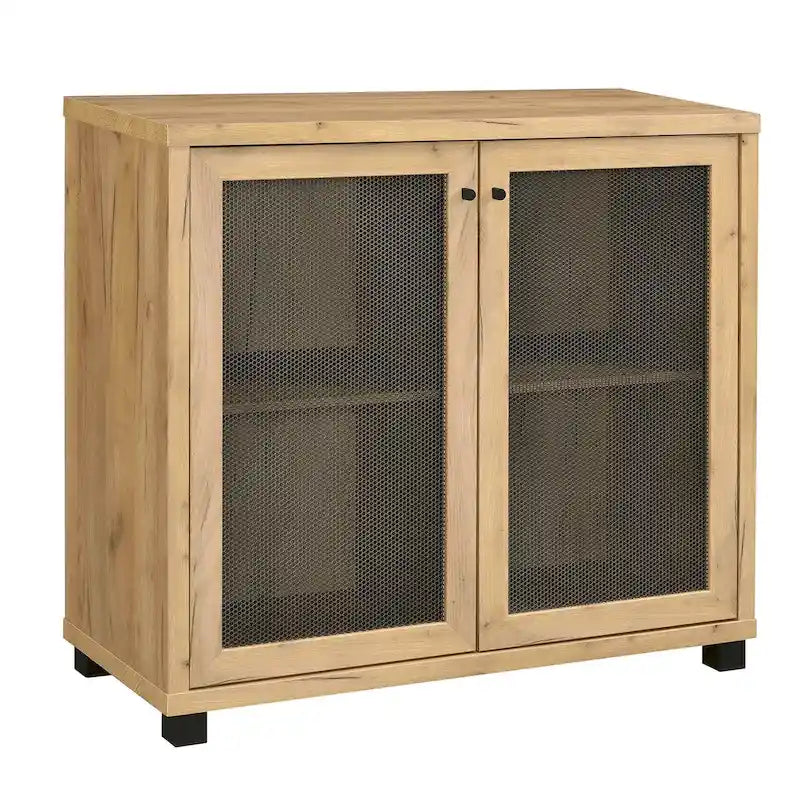 Meuble d'appoint 2 portes avec panneaux en métal maillé Chêne doré Noir