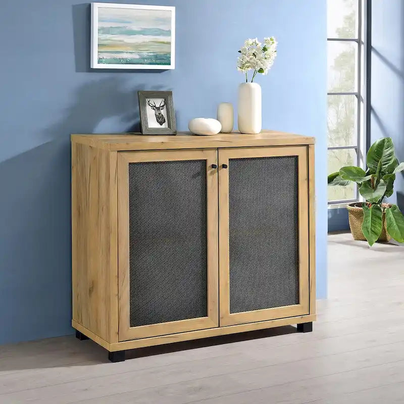 Meuble d'appoint 2 portes avec panneaux en métal maillé Chêne doré Noir