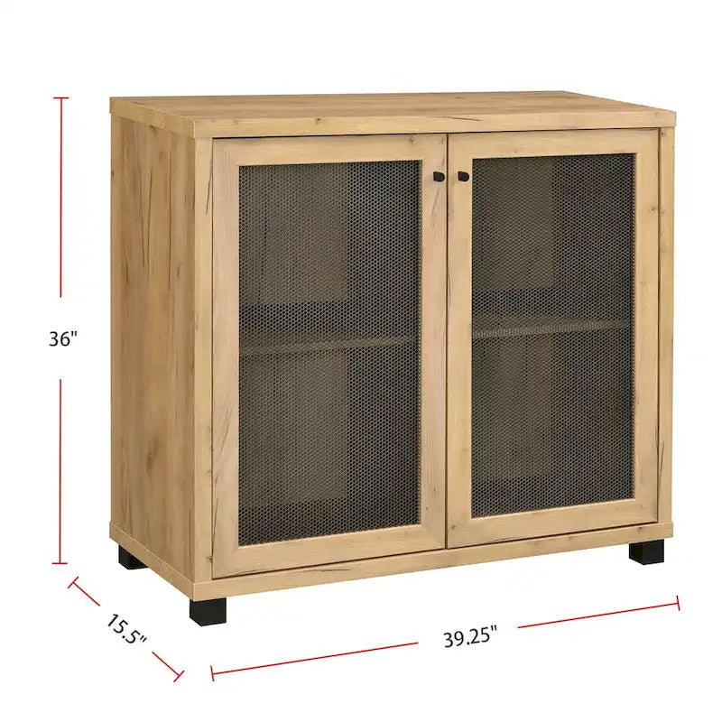 Meuble d'appoint 2 portes avec panneaux en métal maillé Chêne doré Noir