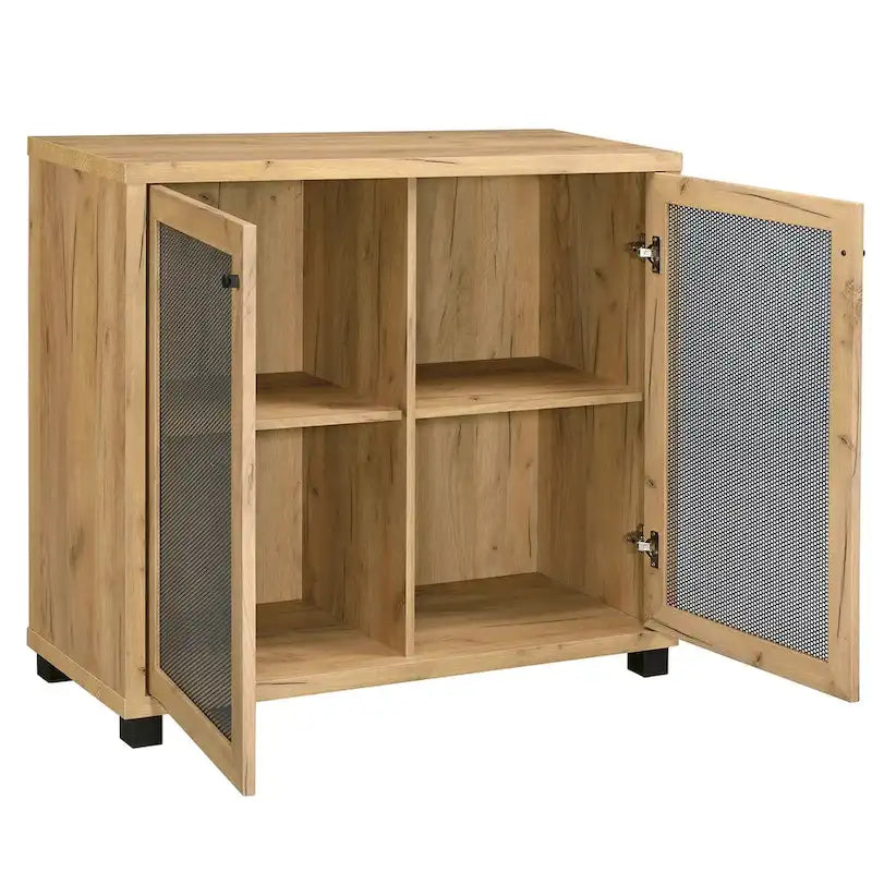 Meuble d'appoint 2 portes avec panneaux en métal maillé Chêne doré Noir