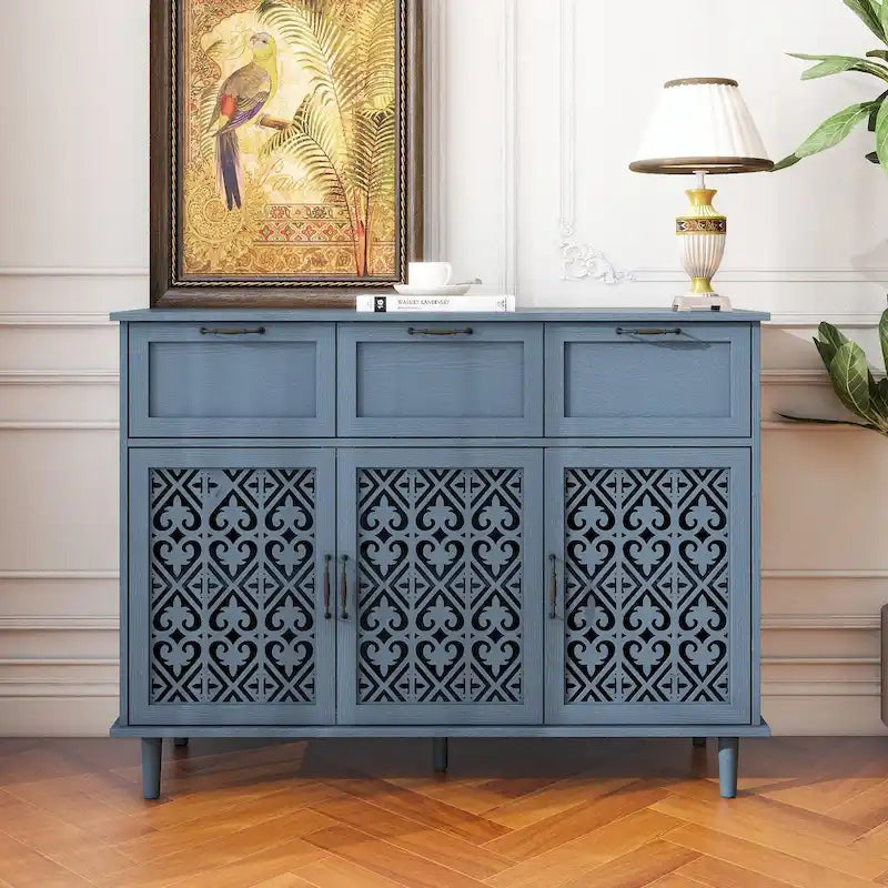 Buffet avec tiroirs et portes sculptées vert foncé et bleu