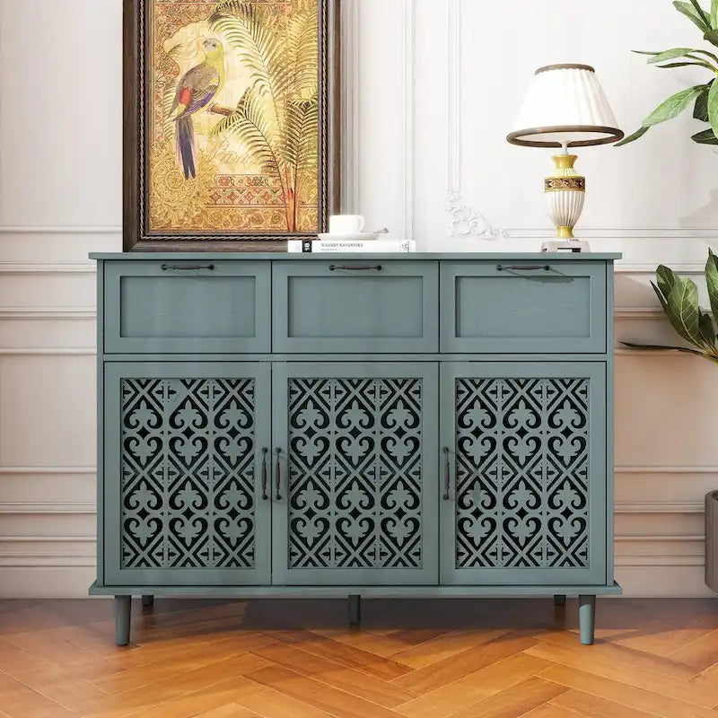 Buffet avec tiroirs et portes sculptées vert foncé et bleu