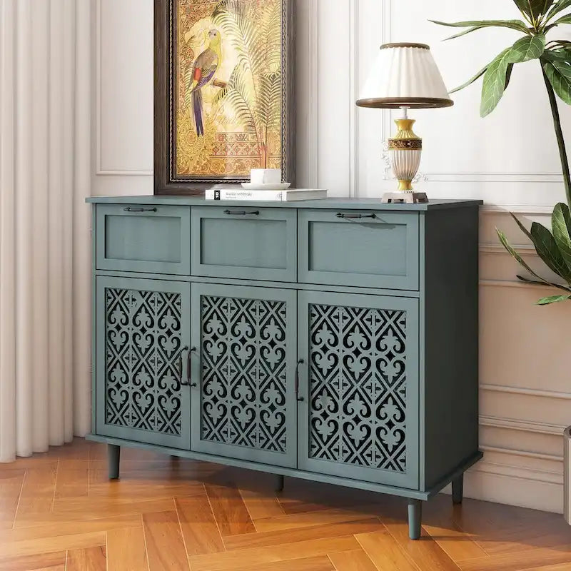 Buffet avec tiroirs et portes sculptées vert foncé et bleu