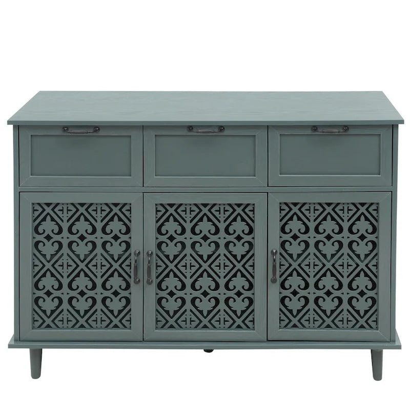 Buffet avec tiroirs et portes sculptées vert foncé et bleu