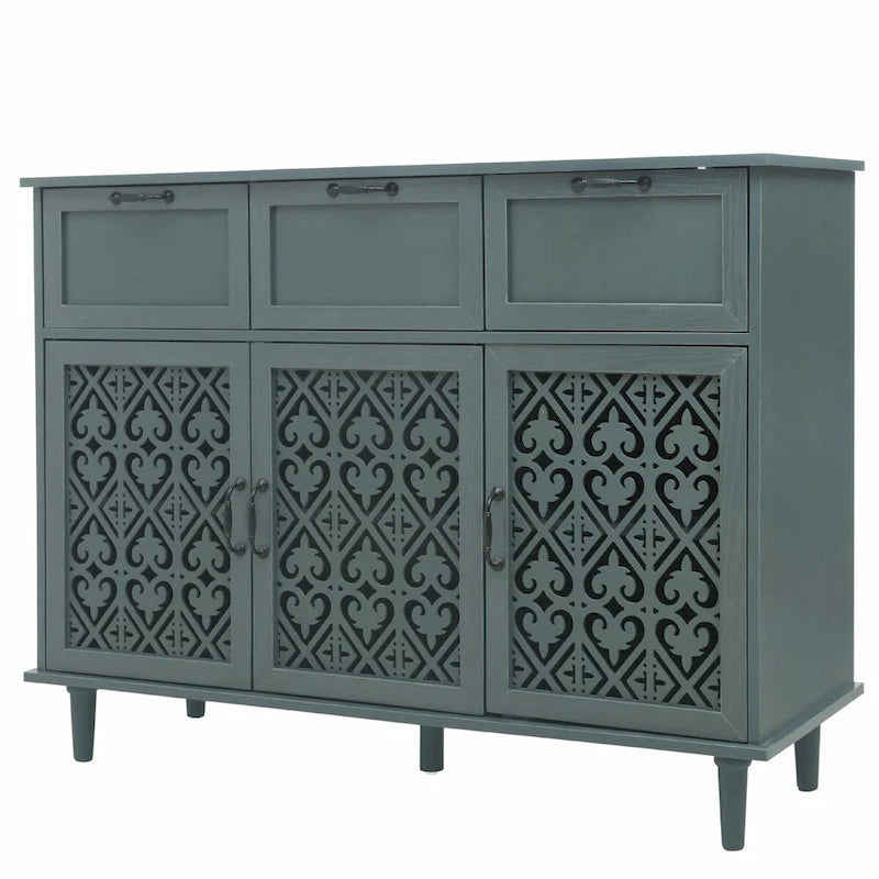 Buffet avec tiroirs et portes sculptées vert foncé et bleu